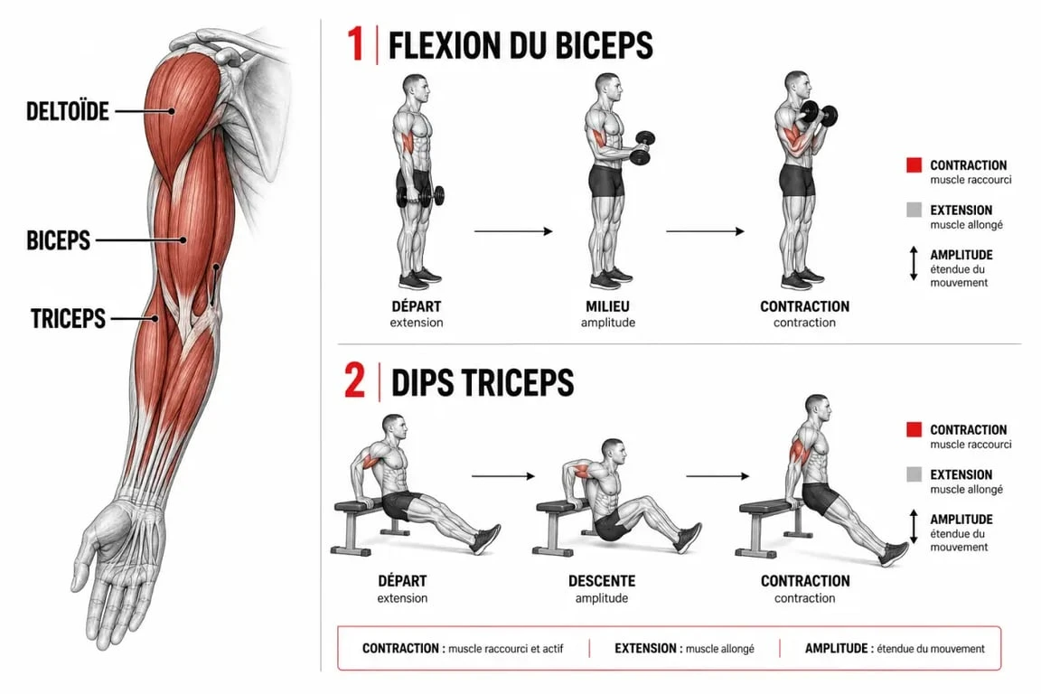 Infographie anatomique et exercices de musculation des bras pour femme