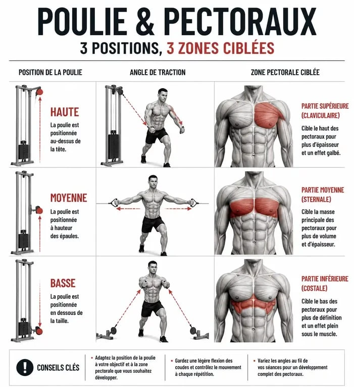 Schéma des zones des pectoraux ciblées par les exercices pec a la poulie selon la hauteur de la poulie