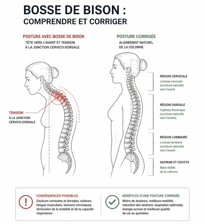 Schéma anatomique comparant une posture avec bosse de bison et une posture corrigée pour illustrer les exercices de correction.