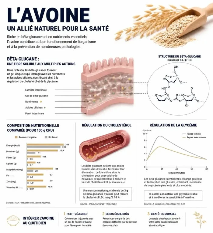 Infographie illustrant les bienfaits de l'avoine sur la santé, le cholestérol et la glycémie