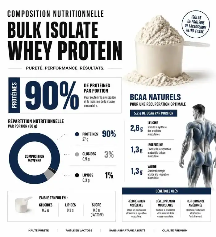Infographie sur la composition nutritionnelle de la bulk isolate whey protein pour la récupération musculaire
