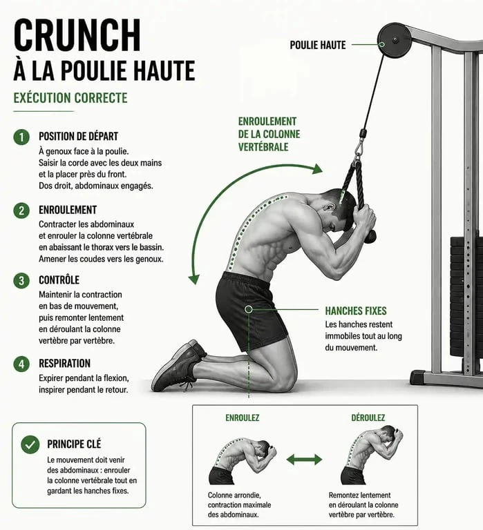 Illustration technique de l'exercice abdo à la poulie pour une exécution parfaite