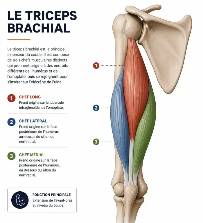 Schéma anatomique des trois chefs du triceps brachial pour muscler les triceps femme
