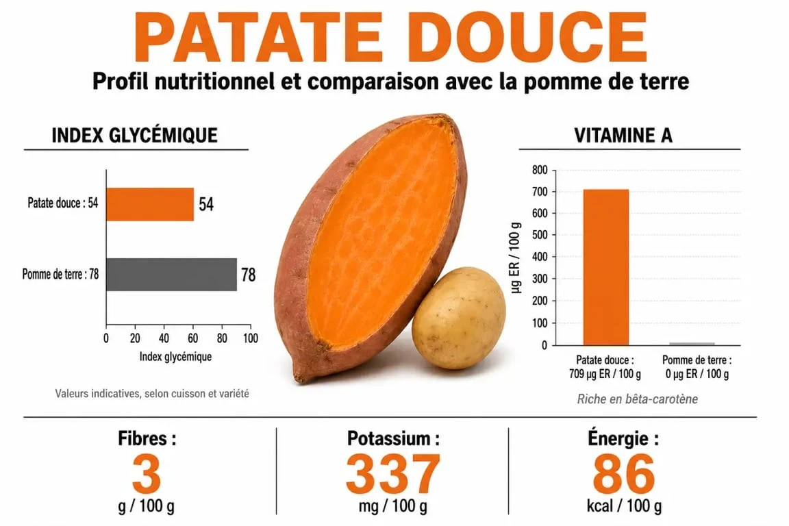 Infographie sur les bienfaits nutritionnels et les propriétés santé de la patate douce