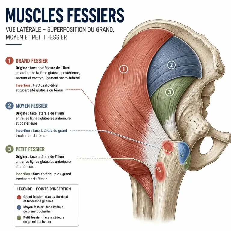 Schéma anatomique des muscles de la fesse : grand, moyen et petit fessier