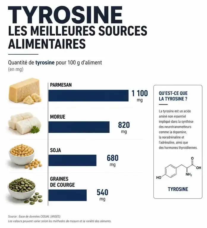 Infographie des aliments riches en tyrosine : comparaison des teneurs en grammes pour 100g