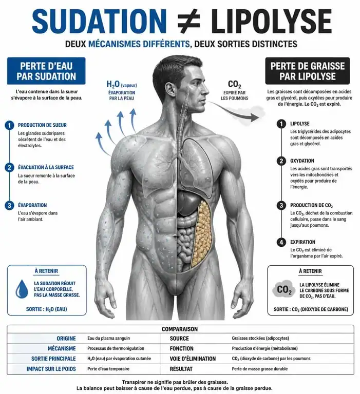 Infographie expliquant pourquoi transpirer ne fait pas maigrir : différence entre perte d'eau et perte de graisse