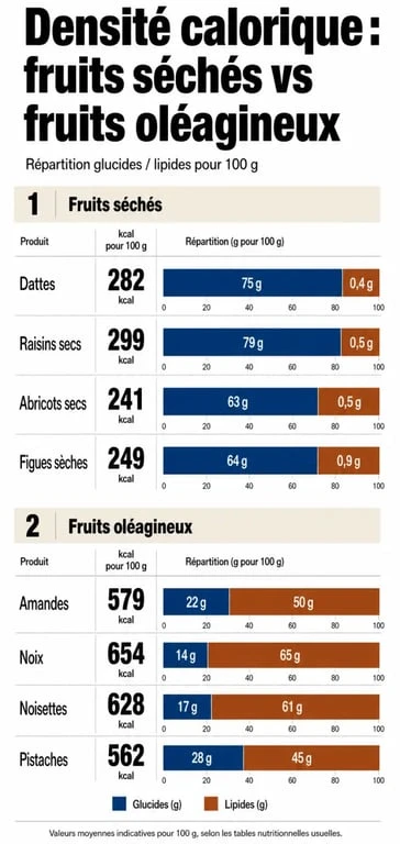 Infographie comparative des calories dans les fruits secs et oléagineux