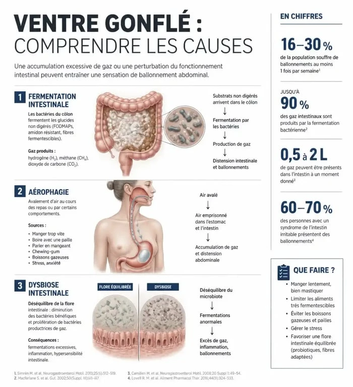 Infographie explicative sur les causes du ventre gonflé et comment dégonfler du ventre naturellement