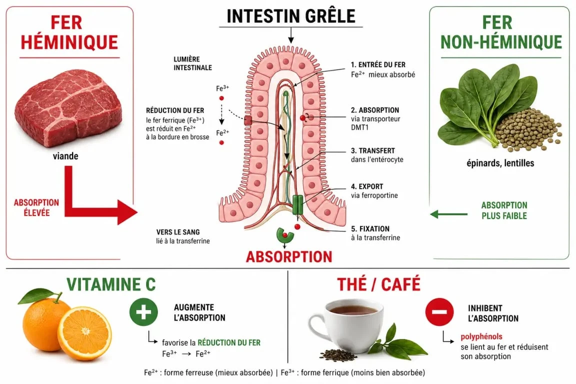 Infographie sur l'absorption des aliments avec beaucoup de fer : fer héminique vs non-héminique