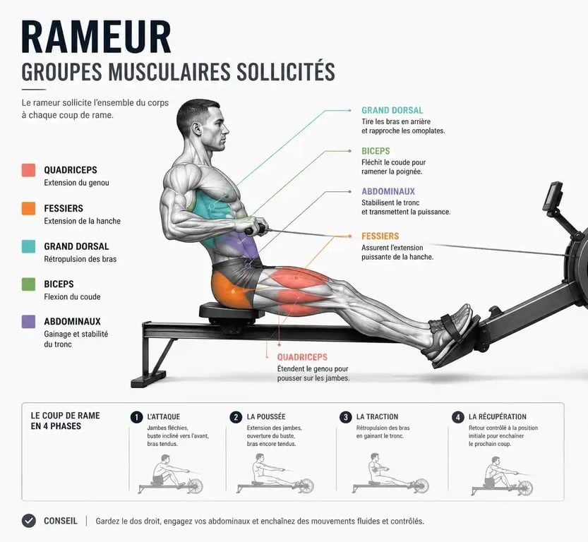 Schéma anatomique des muscles sollicités par le rameur
