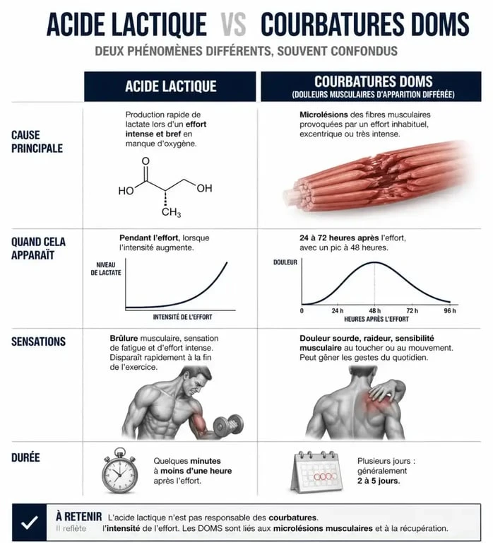 Infographie comparant l'acide lactique et les courbatures pour les sportifs
