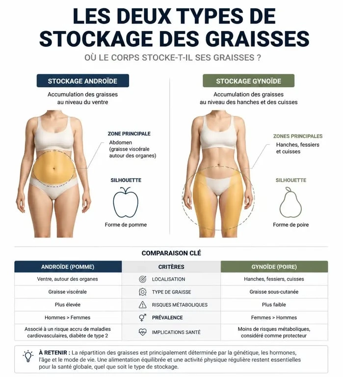 Schéma explicatif des zones de stockage des graisses pour perdre des cuisses et du ventre
