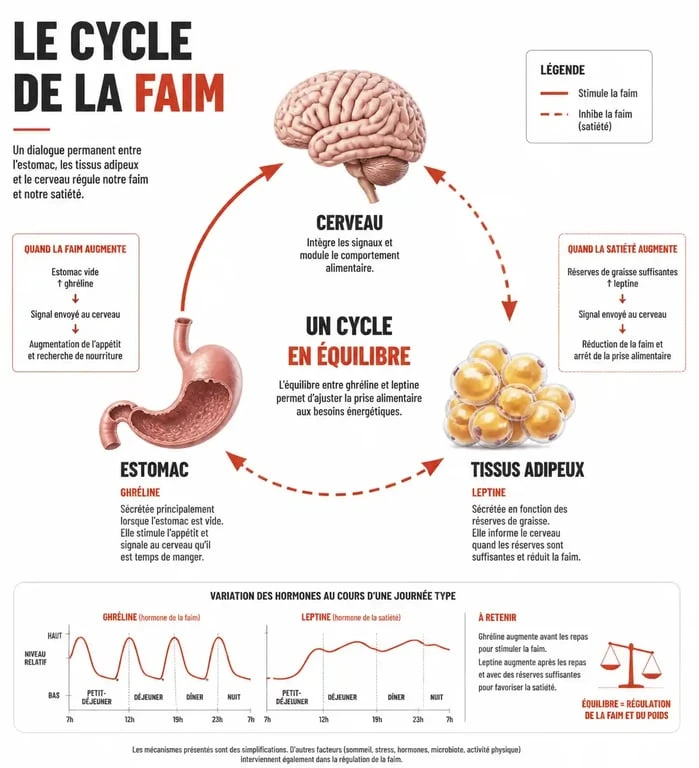 Schéma explicatif des mécanismes hormonaux de la faim et de la sensation de faim permanente à l'estomac