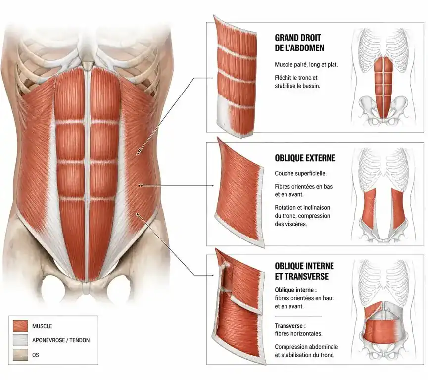 Schéma anatomique des muscles abdominaux antéro-latéraux