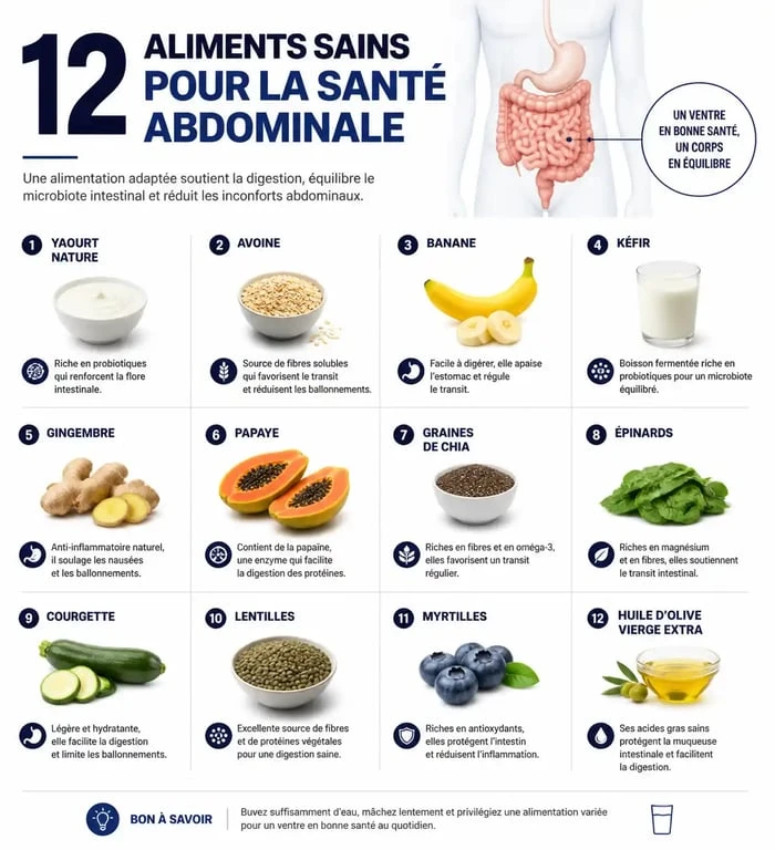 Infographie des 12 meilleurs aliments pour perdre le ventre et réduire la graisse abdominale