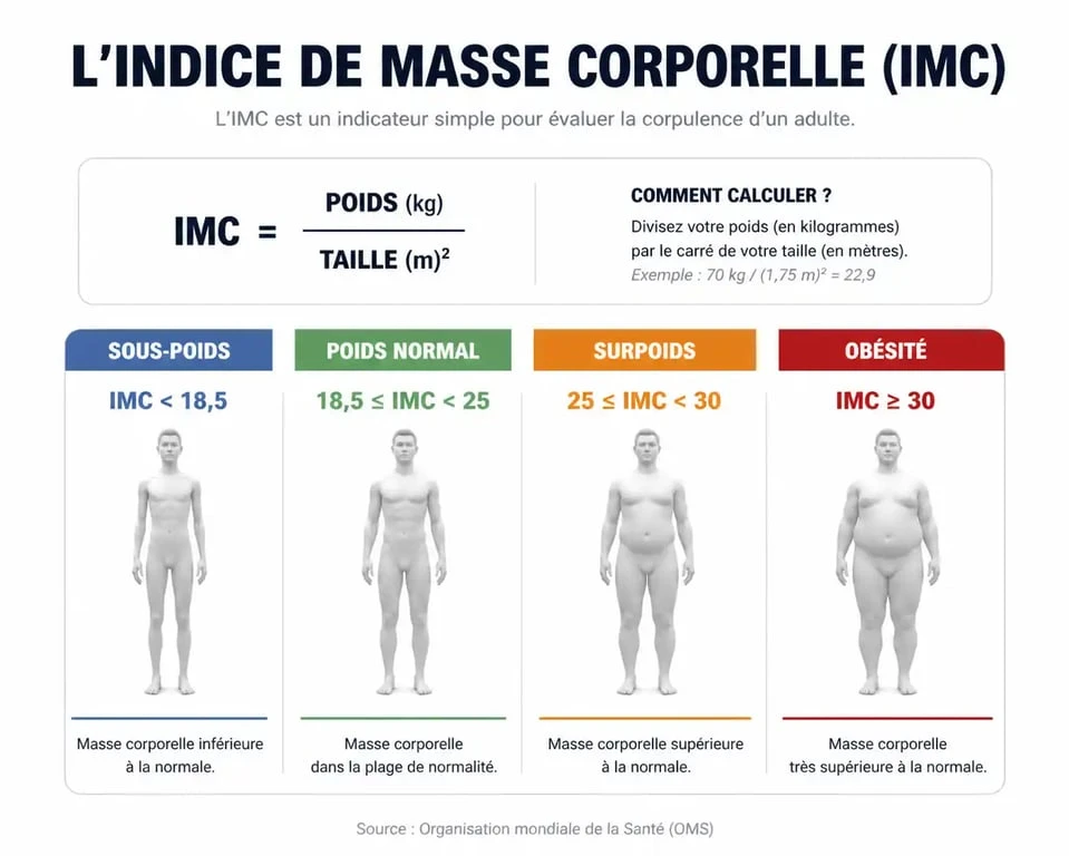 Infographie des catégories de l'Indice de Masse Corporelle (IMC) pour évaluer le surpoids