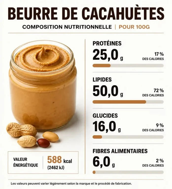 Infographie sur la nutrition du beurre de cacahuètes : répartition des macronutriments pour 100g