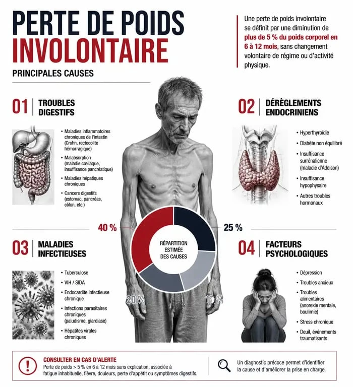 Infographie des causes de la perte de poids involontaire et signes d'alerte