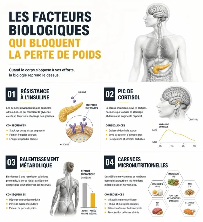 Infographie expliquant pourquoi je n'arrive pas à maigrir : facteurs hormonaux et métaboliques