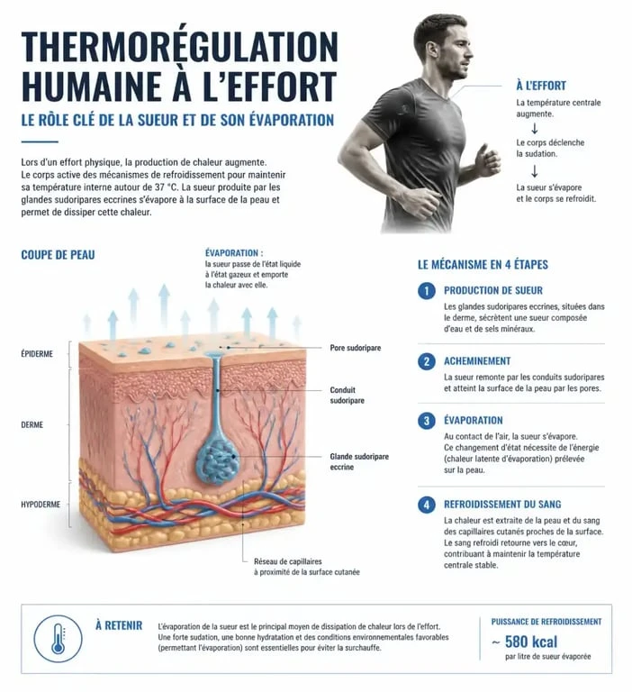 Schéma explicatif du mécanisme de thermorégulation et des bienfaits de la transpiration pendant le sport