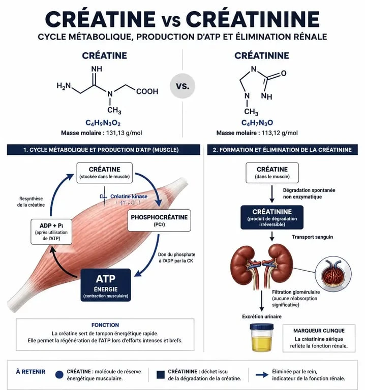 Infographie explicative sur la différence entre la créatine et la créatinine pour comprendre le métabolisme musculaire.