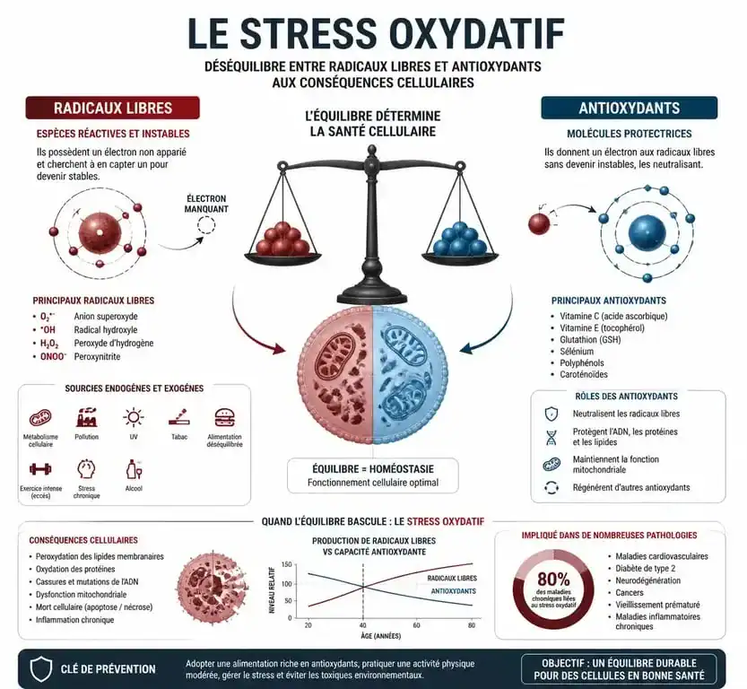 Schéma explicatif du mécanisme du stress oxydatif : équilibre entre radicaux libres et antioxydants pour la santé cellulaire