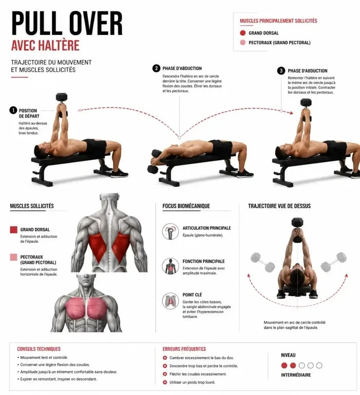 Schéma anatomique et trajectoire du pull over exercice pour le dos et les pectoraux