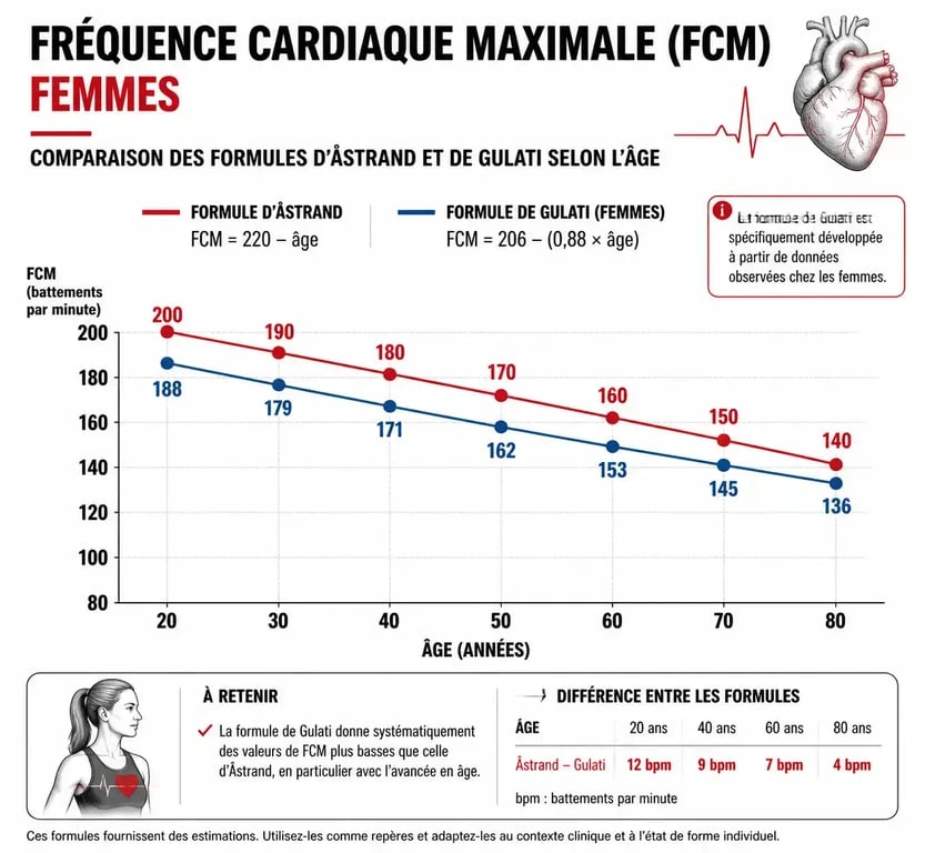 Graphique comparatif des méthodes de calcul de la fréquence cardiaque maximale pour femme