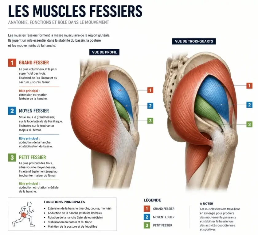 Schéma anatomique des muscles fessiers femme : grand, moyen et petit fessier