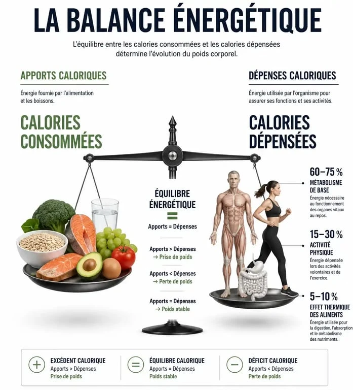 Infographie expliquant la balance énergétique pour perdre 3 kg sainement
