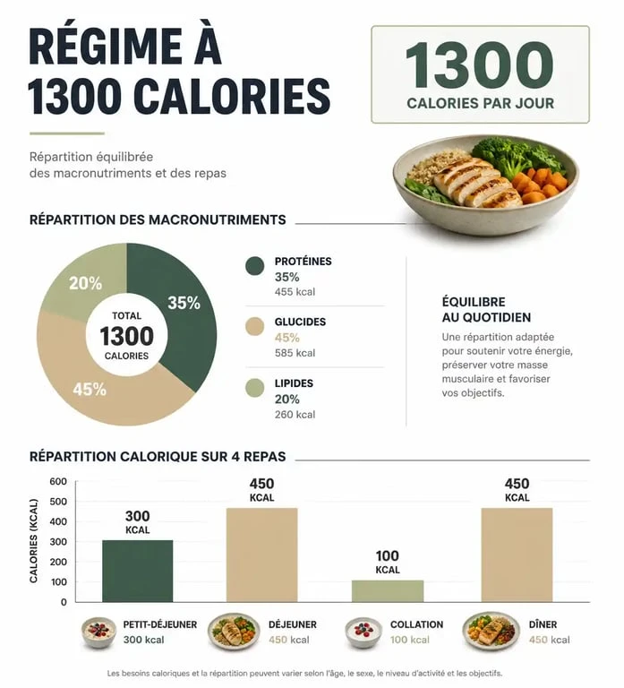 Infographie illustrant la répartition des macronutriments et des calories pour un régime à 1300 calories par jour