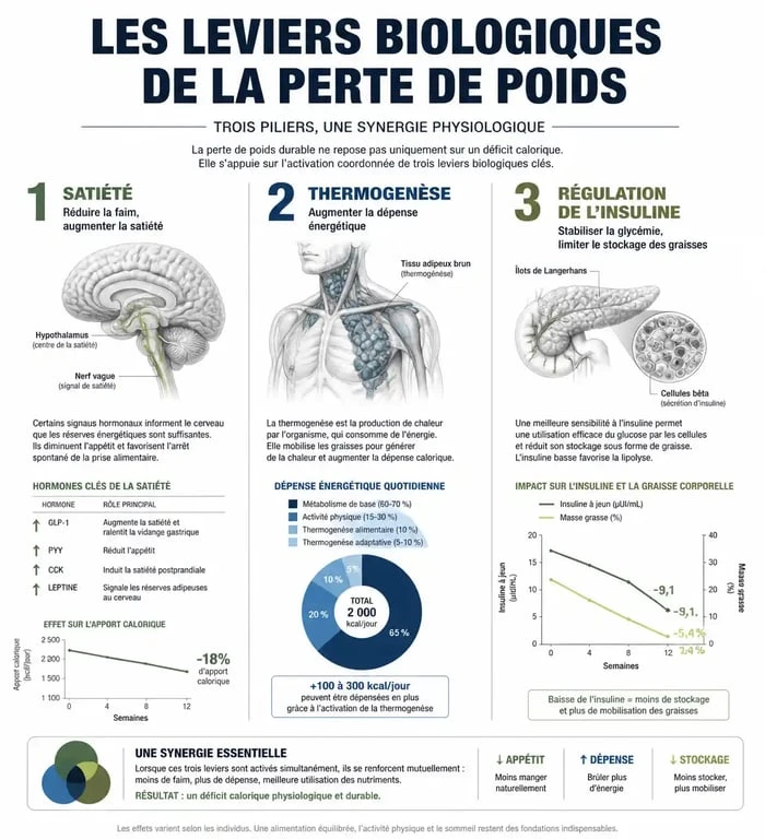 Infographie sur les 20 aliments qui font maigrir et leurs mécanismes biologiques