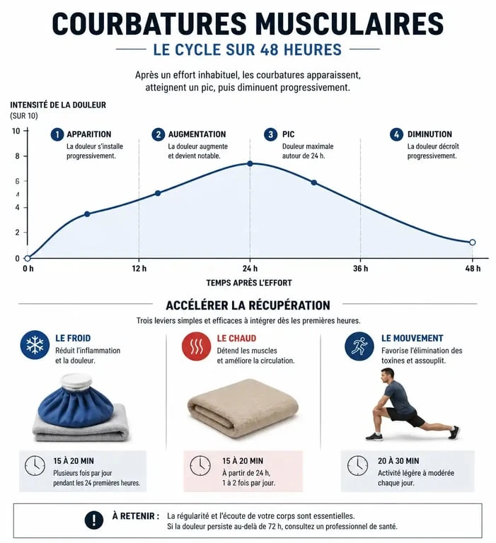 Infographie sur le processus des courbatures aux cuisses et méthodes pour les soulager efficacement