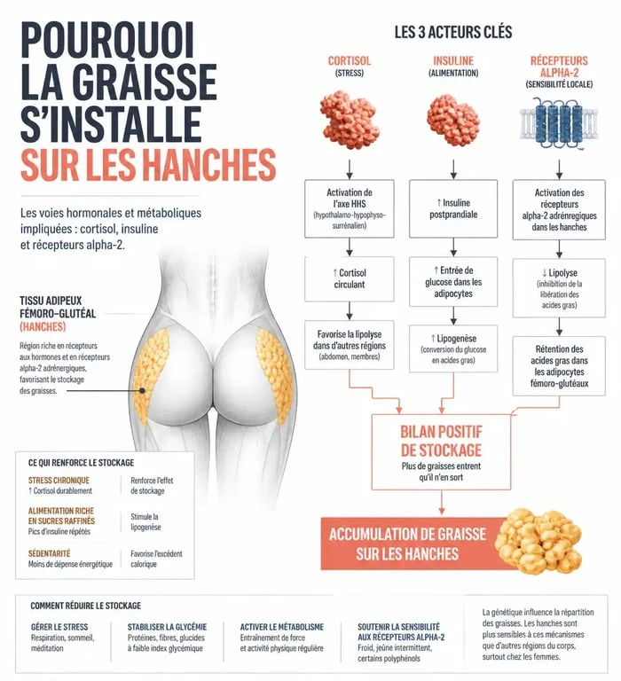 Infographie scientifique expliquant les mécanismes hormonaux et métaboliques de la graisse sur les hanches