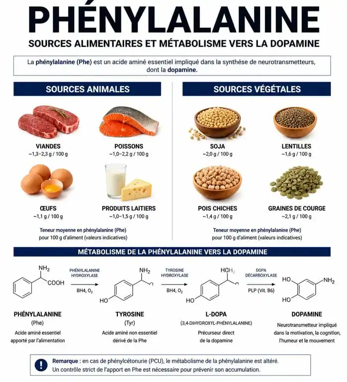 Infographie sur les aliments riches en phénylalanine et son rôle métabolique