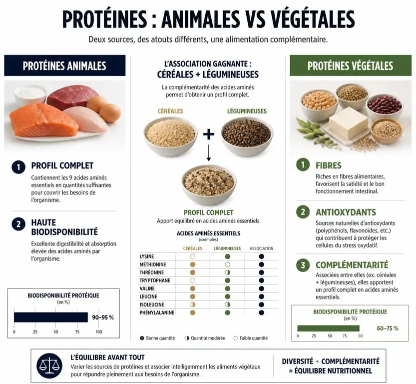 Infographie comparative des protéines végétales ou animales : profil nutritionnel, biodisponibilité et bienfaits pour la santé.