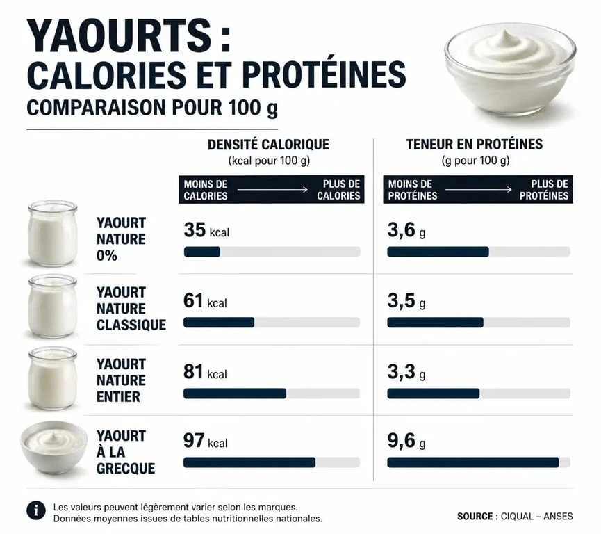 Infographie comparative des calories et protéines dans différents types de yaourts nature