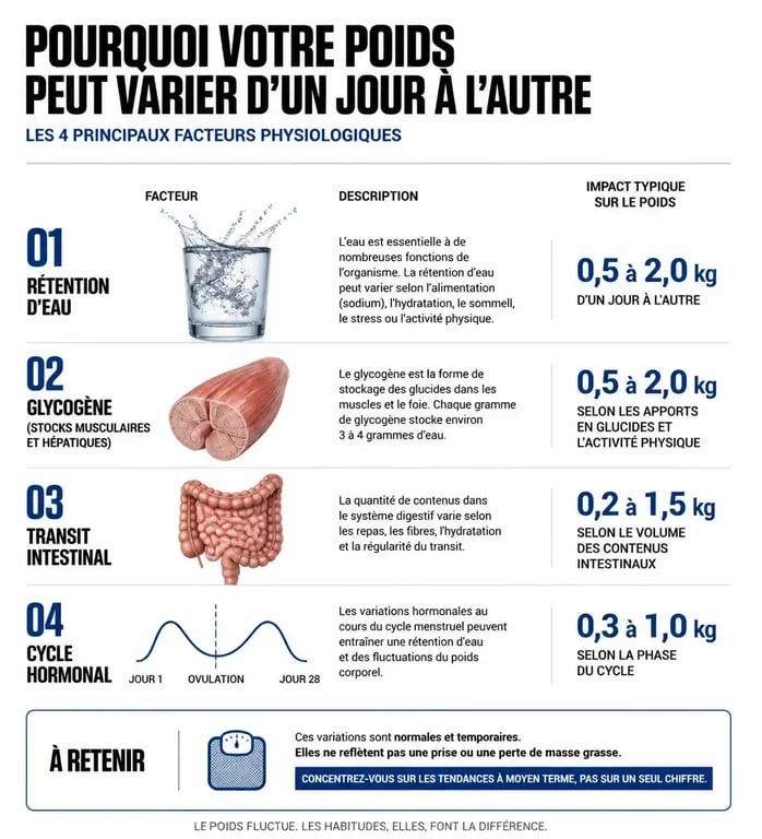 Infographie explicative des causes des variations de poids corporel et pourquoi se peser tous les jours fait grossir