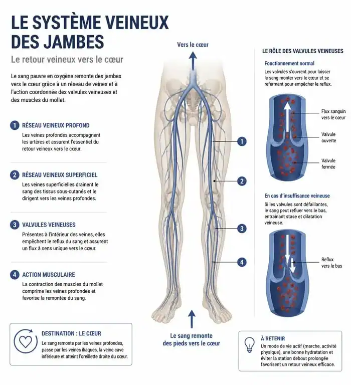 Schéma explicatif du retour veineux pour améliorer la circulation sanguine dans les jambes