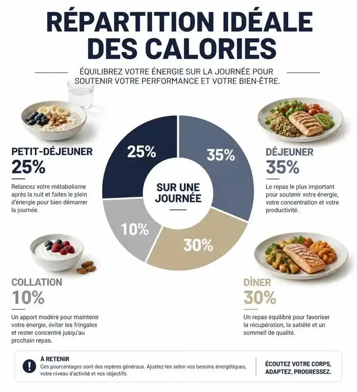 Infographie sur la répartition des calories par repas pour un équilibre nutritionnel optimal