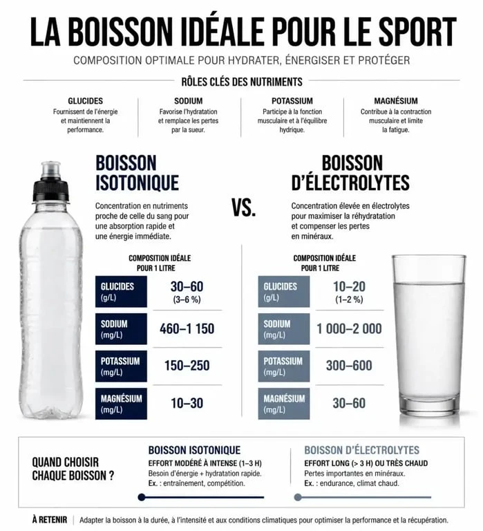 Infographie sur la composition et les bénéfices d'une boisson pour le sport