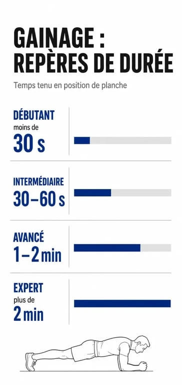 Infographie des paliers de temps pour le gainage : de débutant à expert pour améliorer votre endurance abdominale.