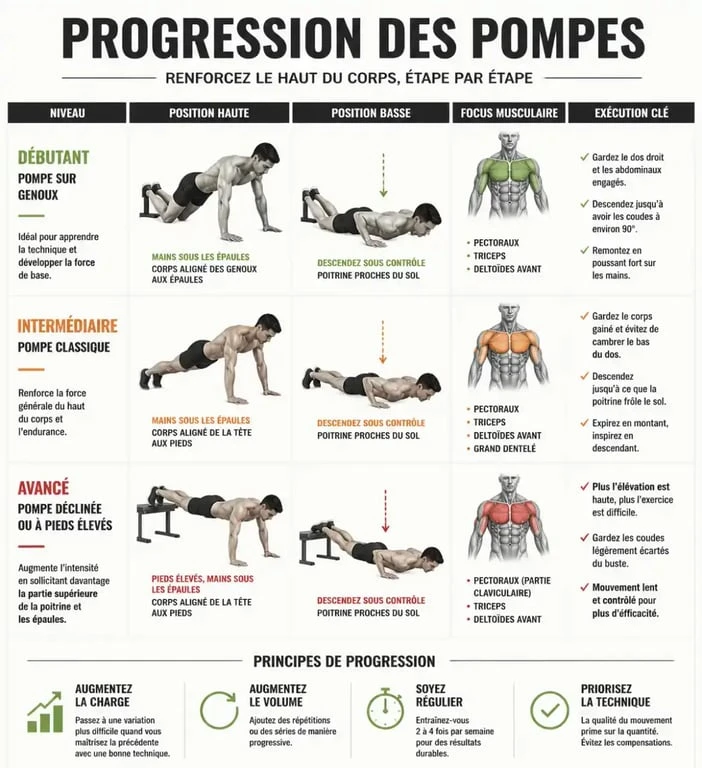 Progression des exercices de musculation poids du corps : des pompes genoux aux pompes diamant