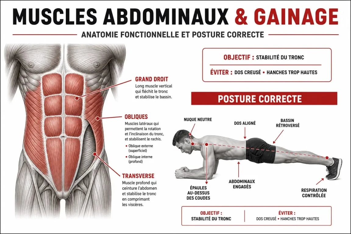 Infographie sur les exercices abdos maison et la posture correcte pour muscler sa sangle abdominale