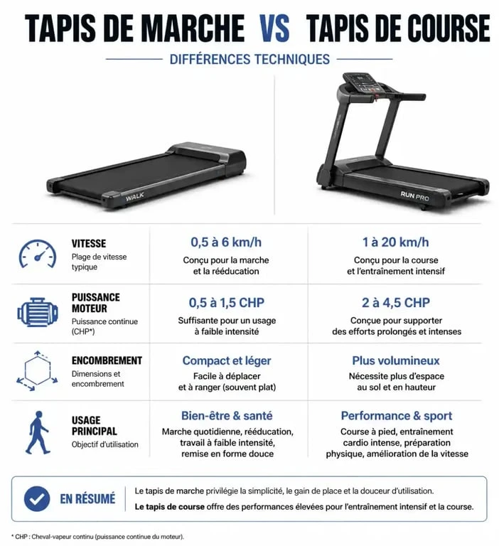 Infographie comparative : tapis de course ou marche, comment choisir le bon équipement pour votre fitness.