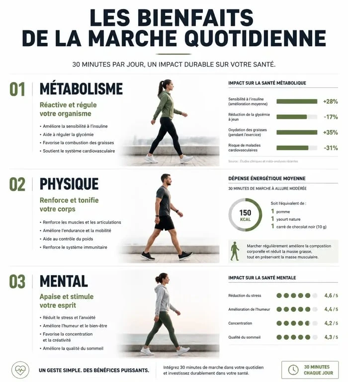 Infographie des bienfaits de marcher 1h par jour sur la santé physique et mentale