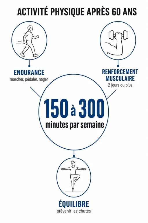 Infographie des recommandations d'activité physique hebdomadaire pour les seniors de plus de 60 ans