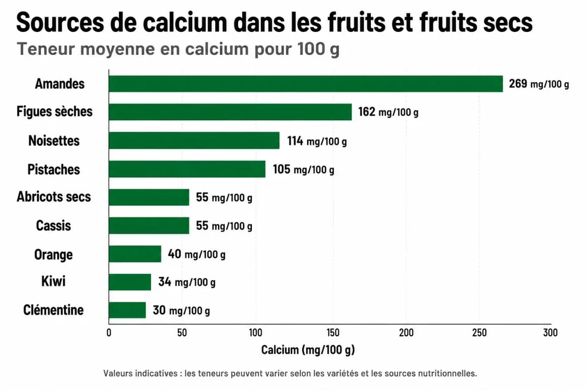 Infographie comparative des fruits les plus riches en calcium pour un apport nutritionnel optimal.