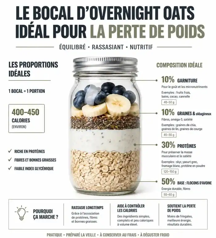 Infographie sur la composition idéale d'un overnight oats pour la perte de poids